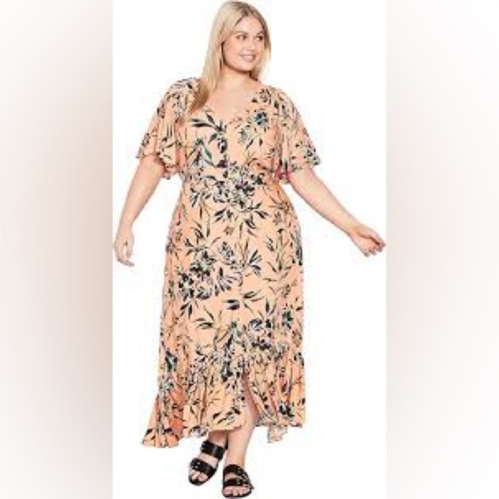 Plus Size Peach Floral Maxi Dress with Tie Waist 16
